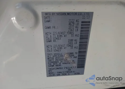 2014 Nissan Rogue Sv z USA, uszkodzony, nr VIN 5N1AT2MV9EC761477